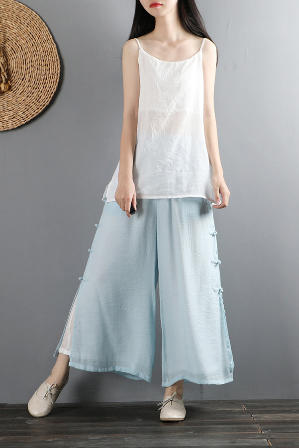 Light Purple Cotton Linen Wide Leg Pants - Elastic Waist, Side Pockets C2883