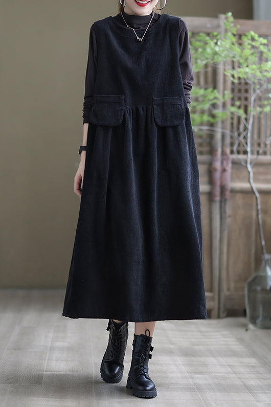 Women Autumn Sleeveless Corduroy Dress C2985