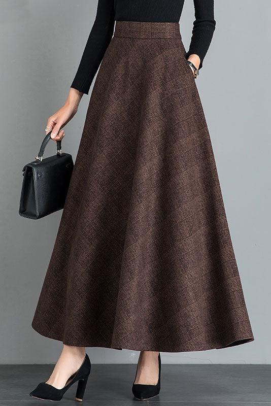 Retro Long Maxi Wool Plaid Skirt Women C2476