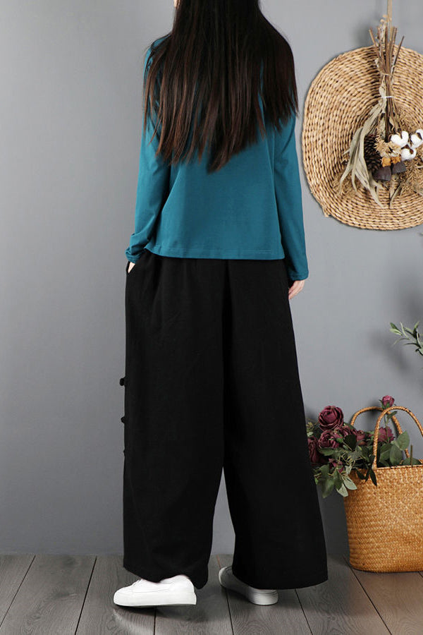 Light Blue Linen Wide Leg Pants - Handmade Elastic Waist C2872
