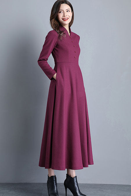 Peter Pan Collar wool maxi Dress C2532