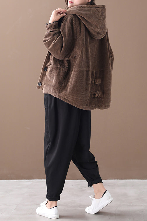 Coffee Hooded Winter Warm Corduroy Coats C2983