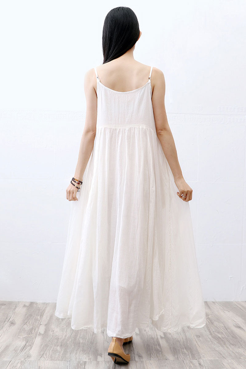 Sleeveless Long cotton linen Suspender Dress in white C233301