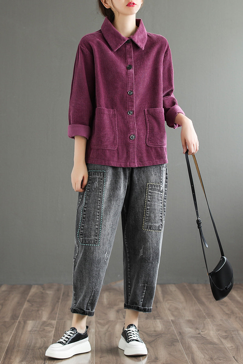 Long Sleeve Loose Corduroy Shirt Tops C2981
