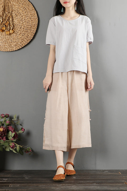 White Cotton Linen Wide Leg Pants - Elastic Waist, Side Pockets C2875