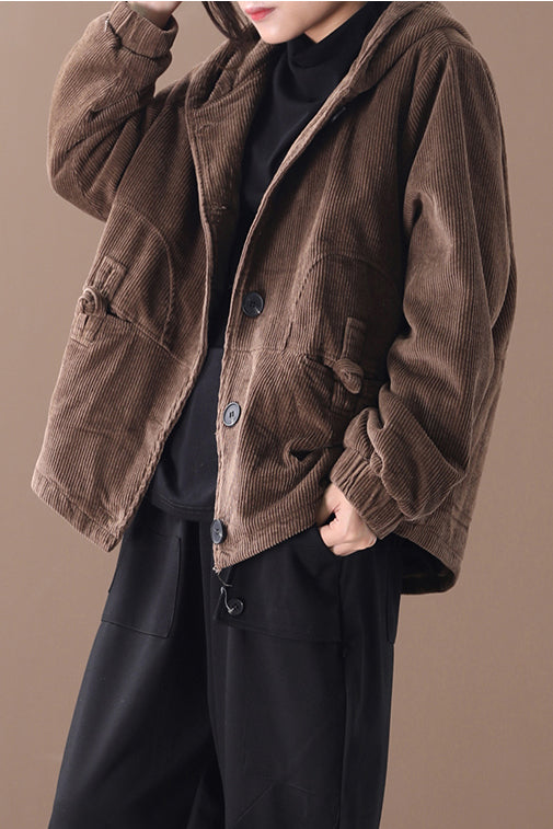 Coffee Hooded Winter Warm Corduroy Coats C2983