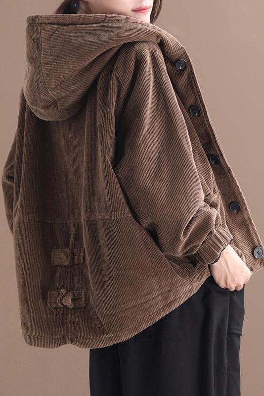 Coffee Hooded Winter Warm Corduroy Coats C2983