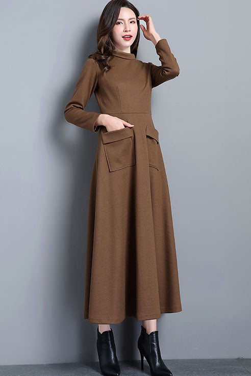 Camel Wool dress, Long maxi wool dress with pockets C2533