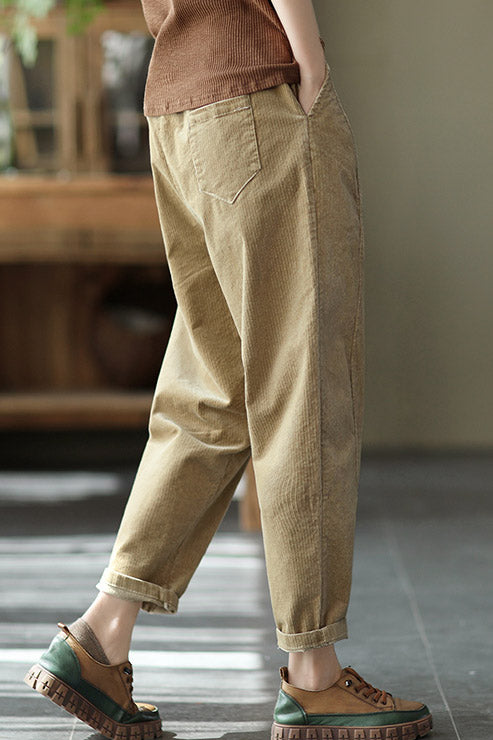 Women Elastic Waist Corduroy Pants C2951