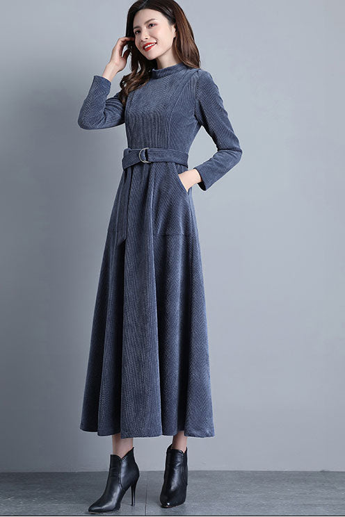 corduroy maxi dress Brown Wool Blend - Fit and Flare Silhouette 4568 Buy Black Warm Cotton Corduroy Fit and Flare Maxi Dress with usable pockets Wine Warm Cotton Corduroy Fit