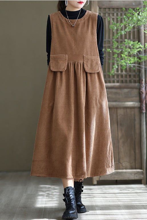 Women Autumn Sleeveless Corduroy Dress C2985