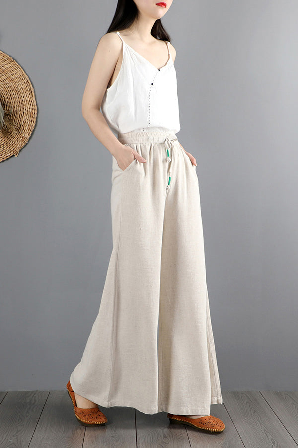 White Cotton Linen Wide Leg Pants - Elastic Waist Comfort C2878