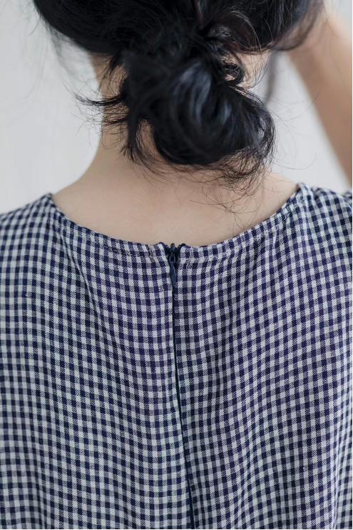 Casual Black Plaid Sleeveless Cotton Linen Jumpsuits C2379