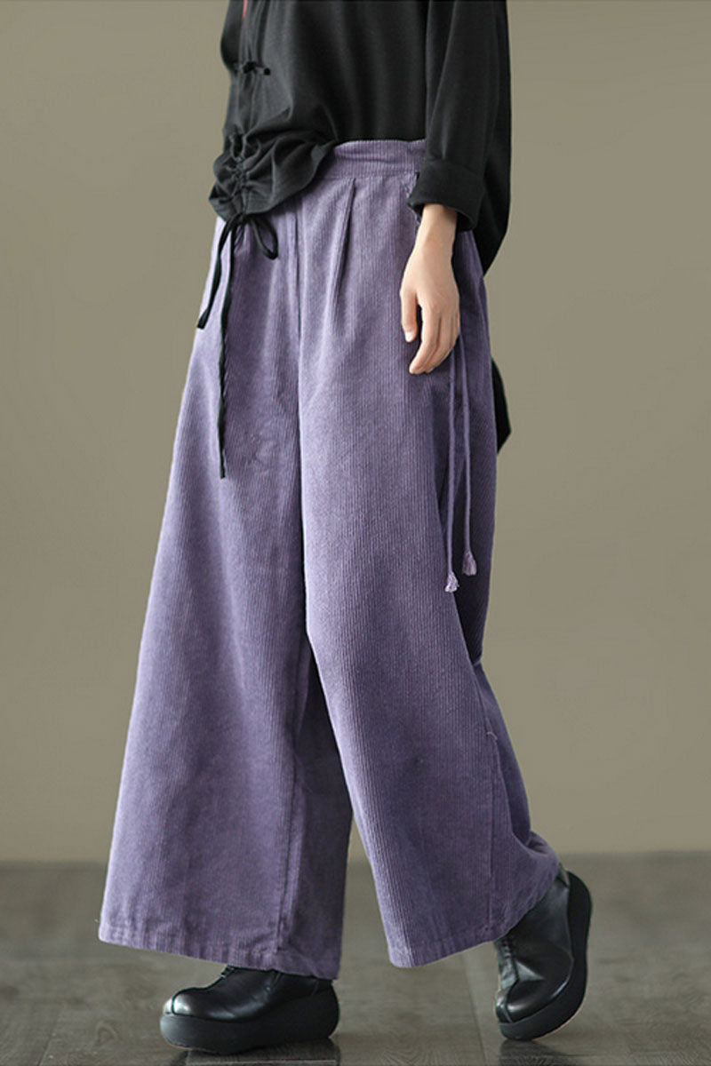Purple Elastic Waist Wide Leg Corduroy Pants C2443