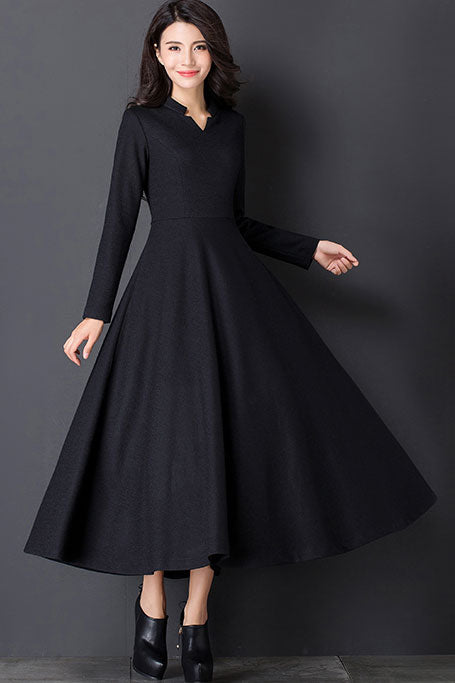 black a line swing dress Black Swing Midi Wool Dress, A-Line houndstooth Dress, Womens Dress With Pockets, Winter Swing Dress, Custom Dress 3885#