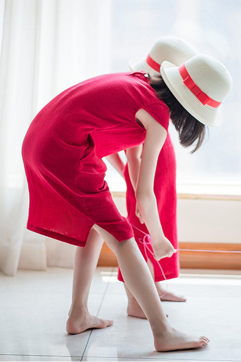 Red Summer Women Cotton Casual Dress C2901