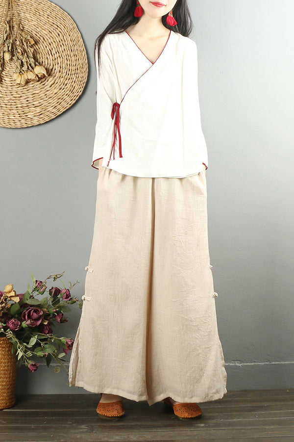 White Cotton Linen Wide Leg Pants - Soft Casual with Elastic Waist C2874