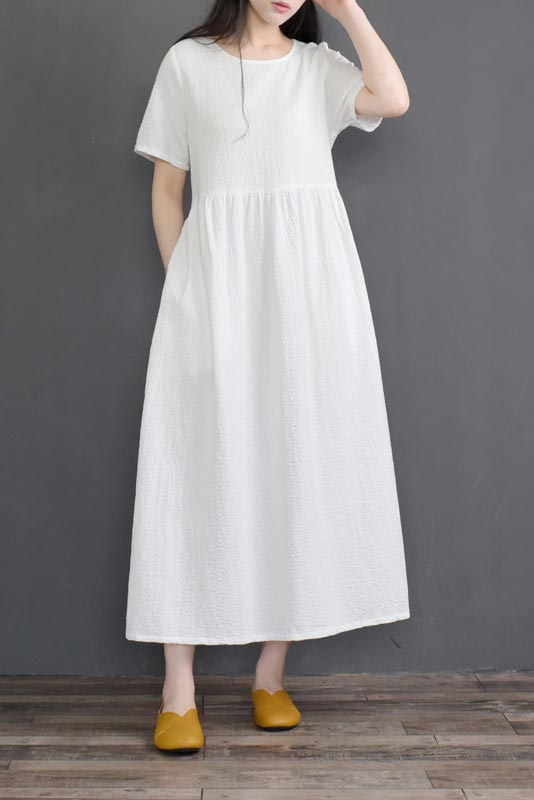 White Linen Maxi Dress with Tie Belt - Loose Fit Summer Dress YLISTYLE White Linen Maxi Dress with Tie Belt - Loose Fit Summer Dress YLISTYLE