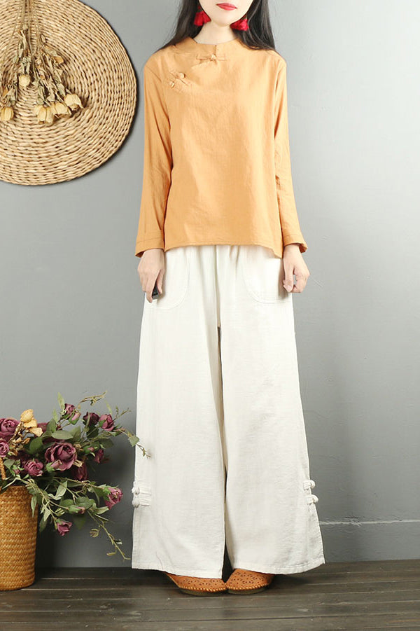 White Cotton Wide Leg Pants - Loose Fit with Elastic Waist C2876