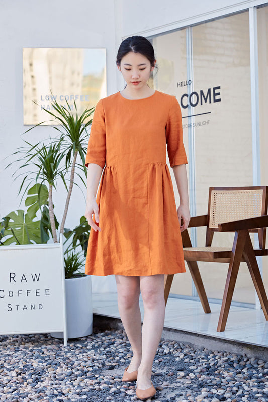 Orange Linen Dress - Half Sleeve, Loose Waist Pleated Detail C2169