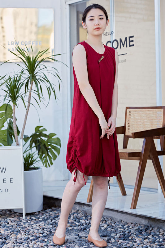 Red Sleeveless Bubble Linen Dress C2170 XS#yy05107
