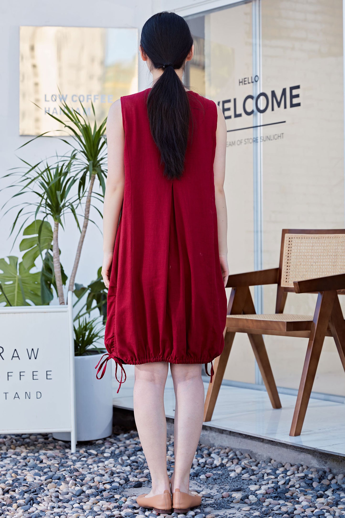 Red Sleeveless Bubble Linen Dress C2170 XS#yy05107