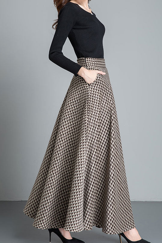 Full Length Warm Winter Wool Plaid Skirt Women C2486