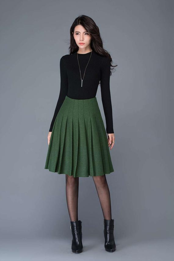 High waist pleated Wool Midi skirt in gray C1031