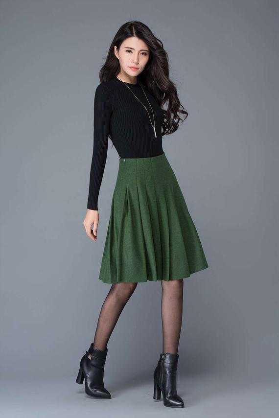 High waist pleated Wool Midi skirt in gray C1031