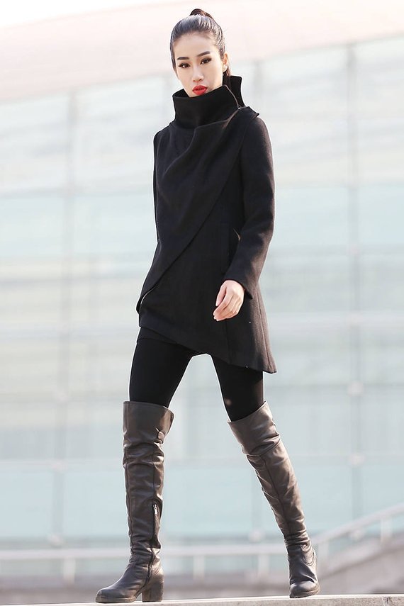 Winter asymmetrical black wool coat C227