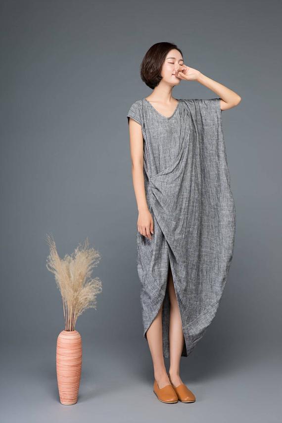 Grey Linen Blend Loose Dress - Asymmetrical Hem with Front Slit C1147 Grey Linen Blend Loose Dress - Asymmetrical Hem with Front Slit C1147