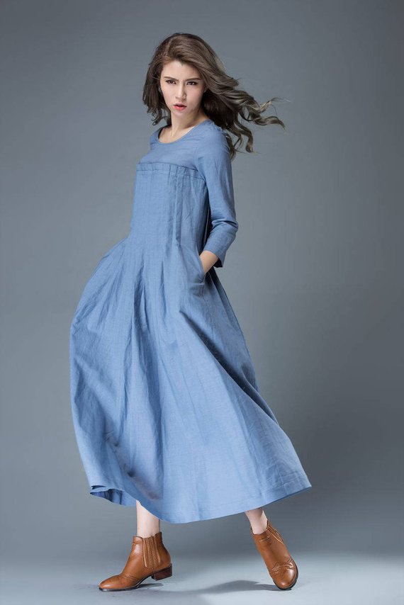 Women's Casual Linen Maxi Dress C811 - Blue / S Women's Casual Linen Maxi Dress C811 - Blue / S