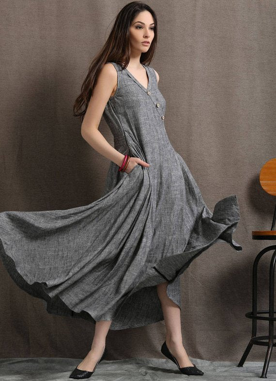 V Neck Loose Sleeveless Maxi Dresses C418#