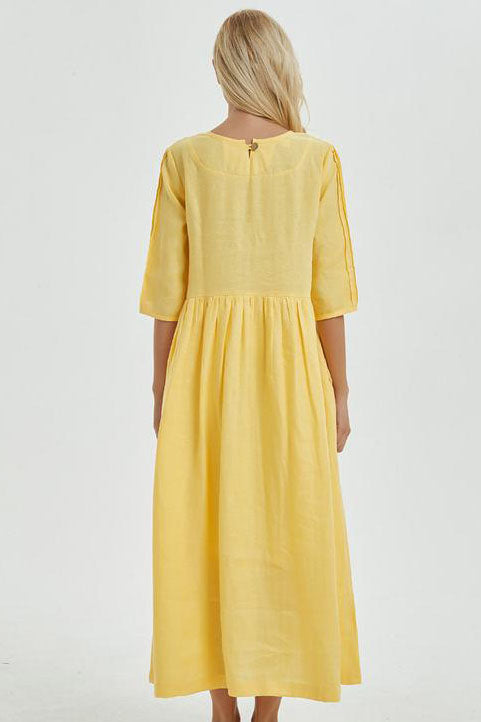Yellow loose linen summer maxi dress C1271