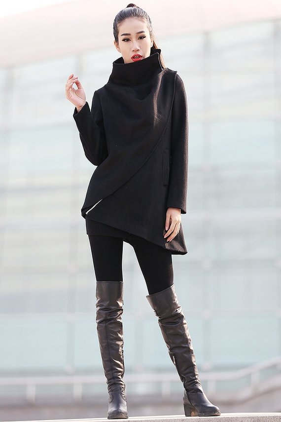 Winter asymmetrical black wool coat C227