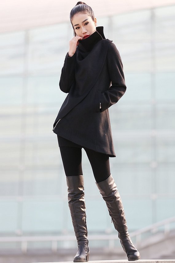 Winter asymmetrical black wool coat C227