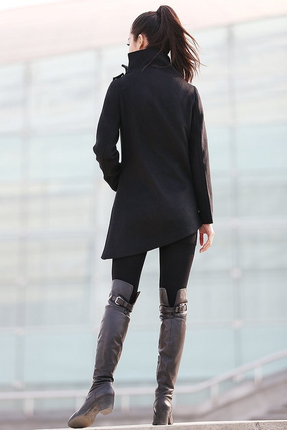 Winter asymmetrical black wool coat C227
