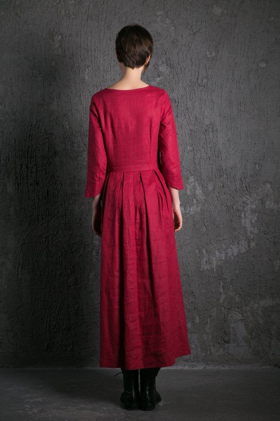 Red Linen Maxi Dress C500