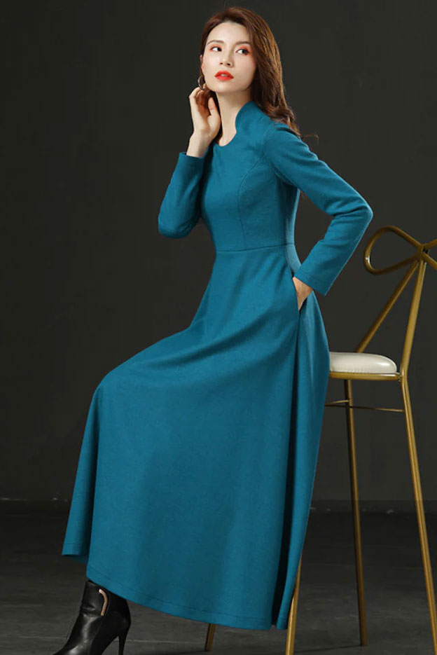 Womens Long sleeve winter wool dress C1735
