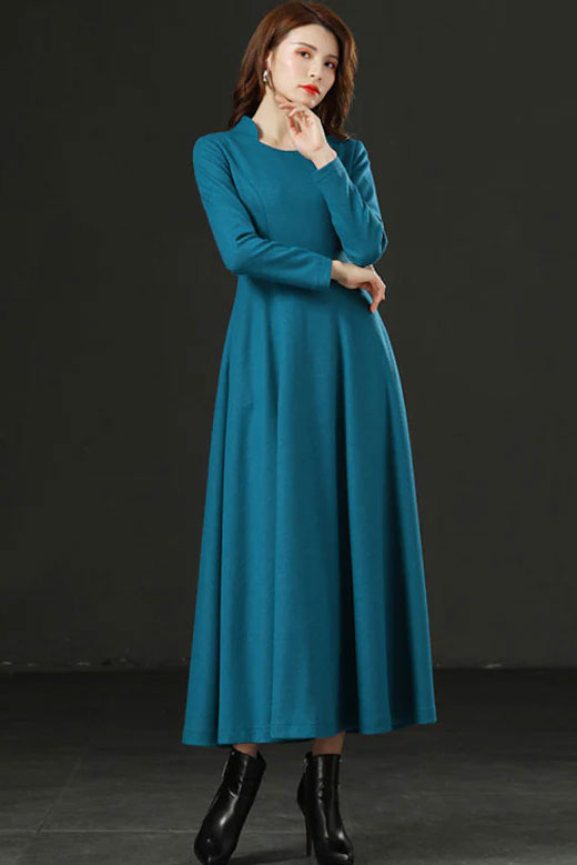 Womens Long sleeve winter wool dress C1735