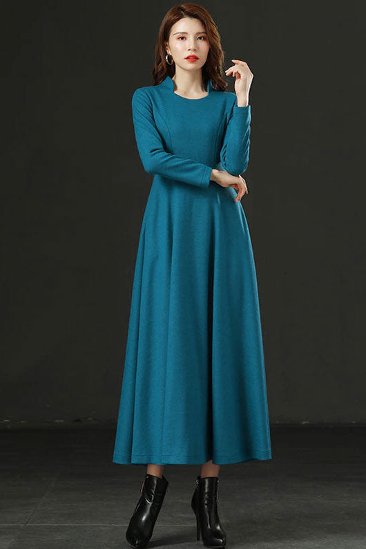Womens Long sleeve winter wool dress C1735