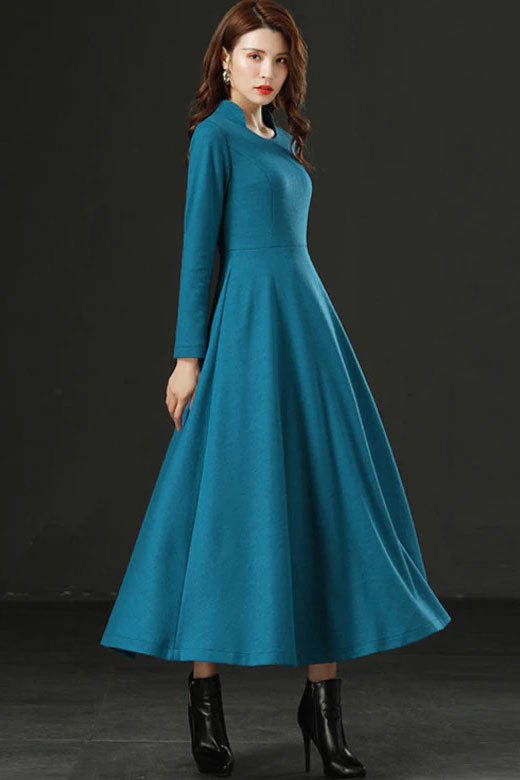 Womens Long sleeve winter wool dress C1735
