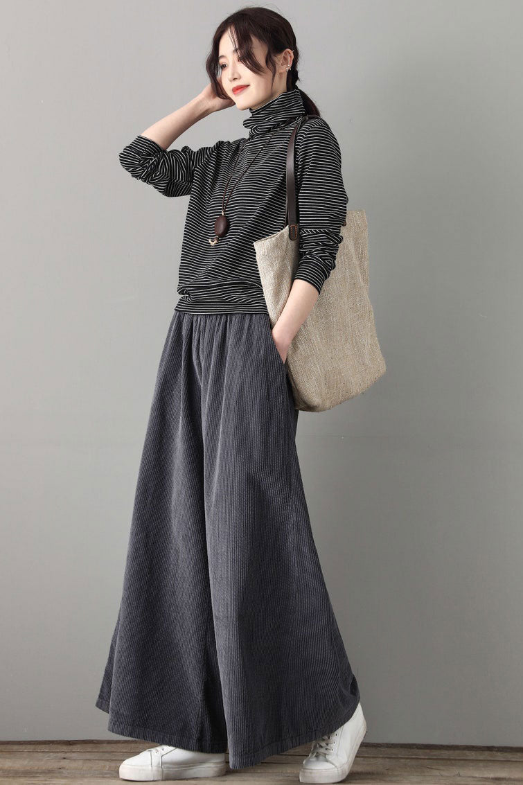 Gray long Corduroy Palazzo pants women C1802