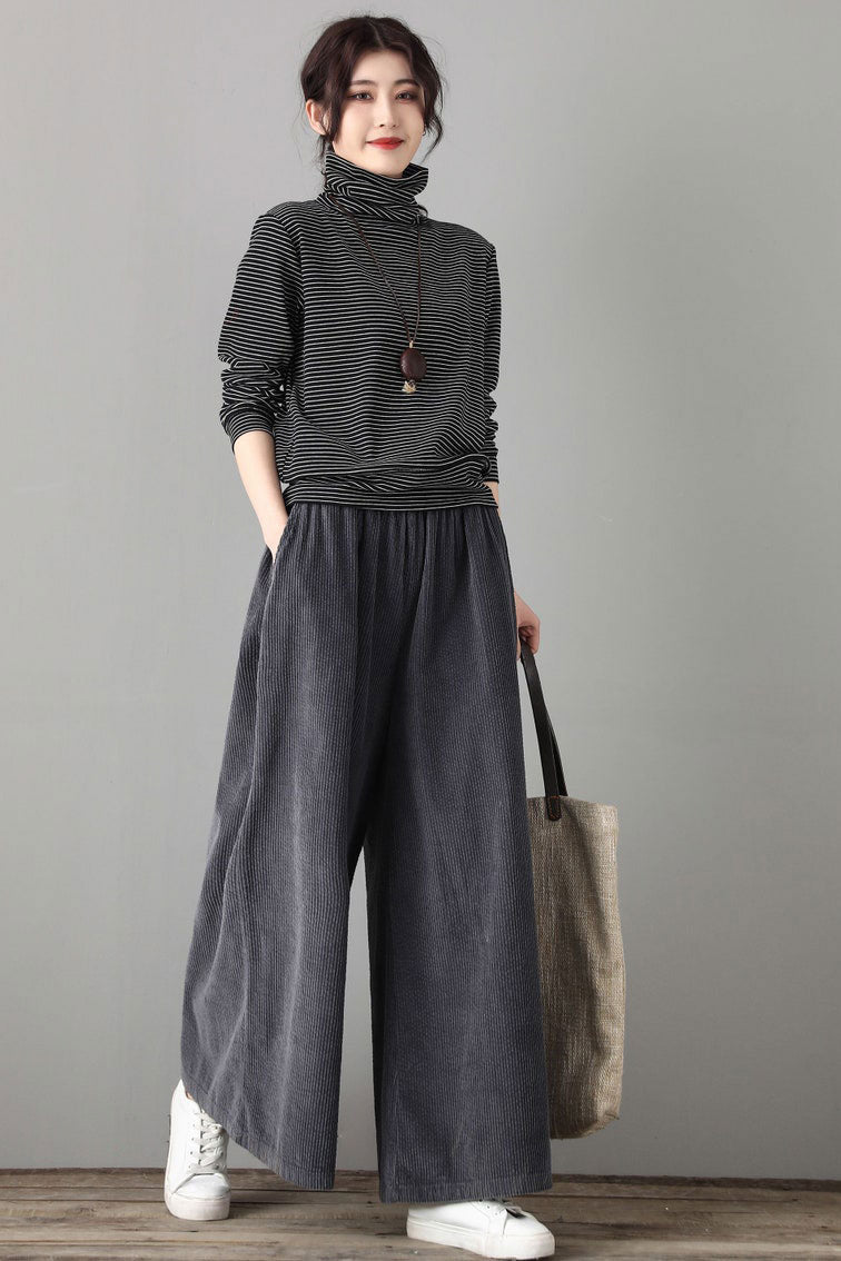 Gray long Corduroy Palazzo pants women C1802