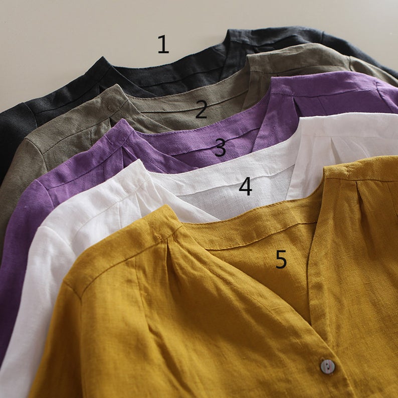 Mustard Linen Cotton Shirt Top - Relaxed Fit with V Neckline c1849