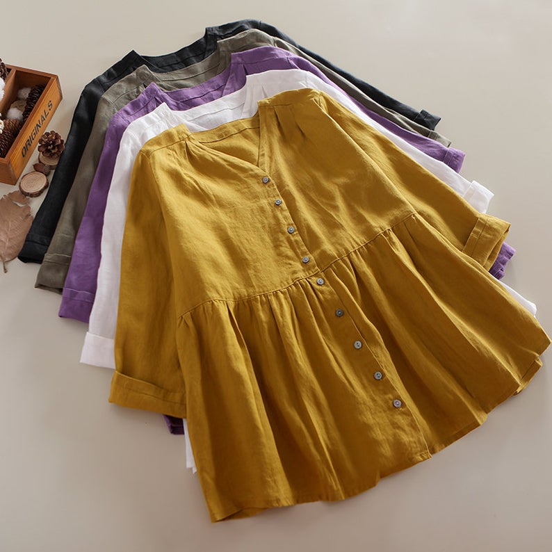 Women Casual Long Sleeves Linen Shirt Tops C1849