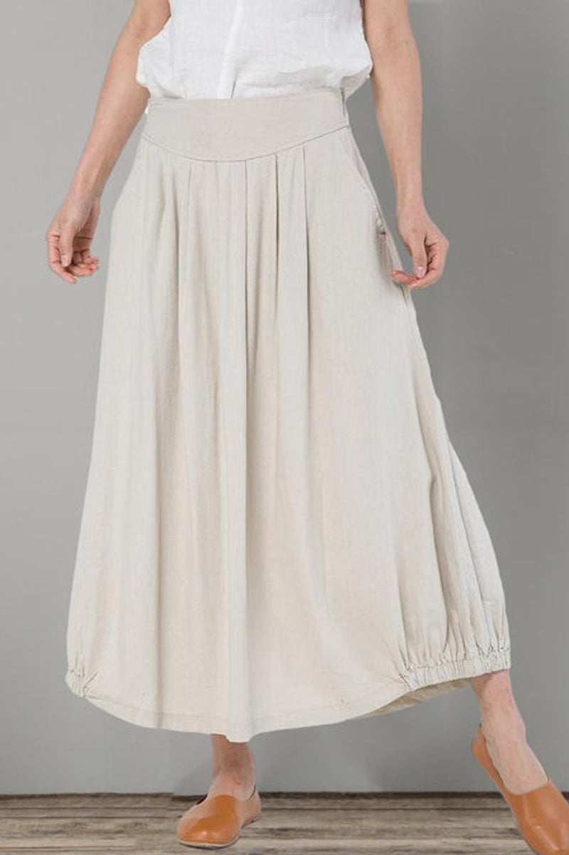 Beige Elastic Waist Maxi Linen Skirt C110401