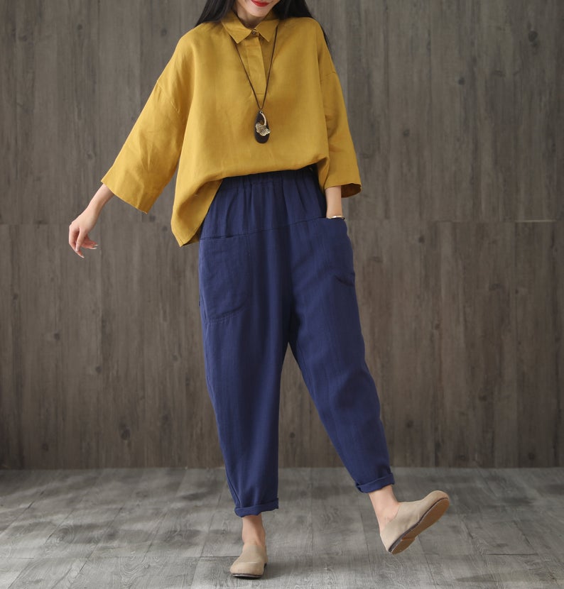Women Elastic Waist Cropped Linen Pants C1866