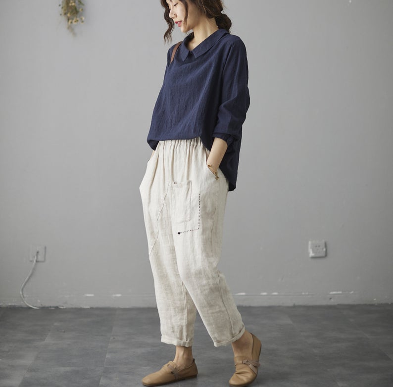 Pink Long Sleeves Linen Tops C200301
