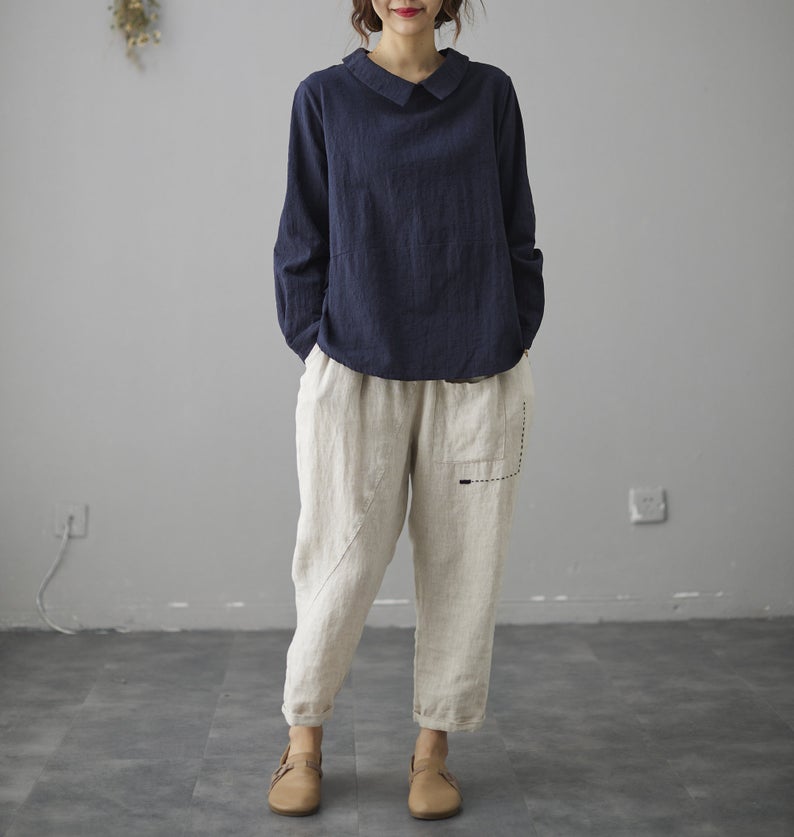 Blue Long Sleeves Linen Tops C200302